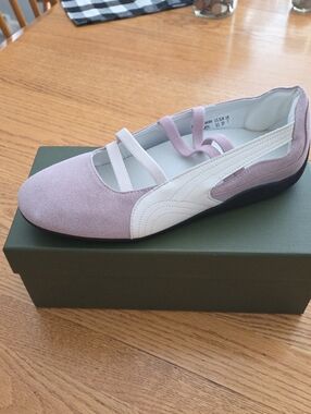 iiimmu Lavender Suede Mary Jane Flat with White/ Lav Stripe Strap and Black Sole